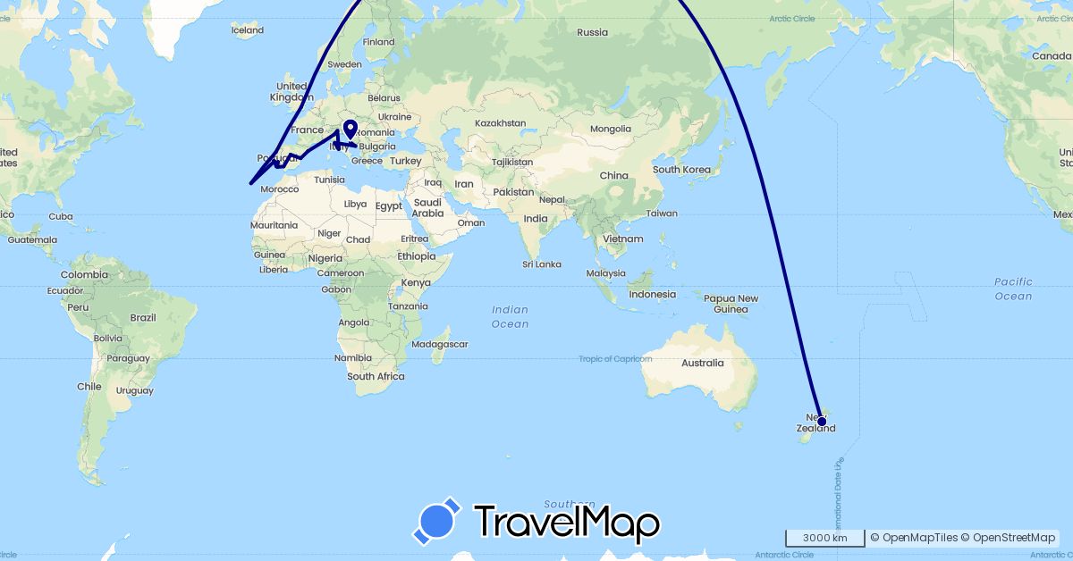 TravelMap itinerary: driving in Spain, France, United Kingdom, Croatia, Italy, New Zealand, Portugal (Europe, Oceania)